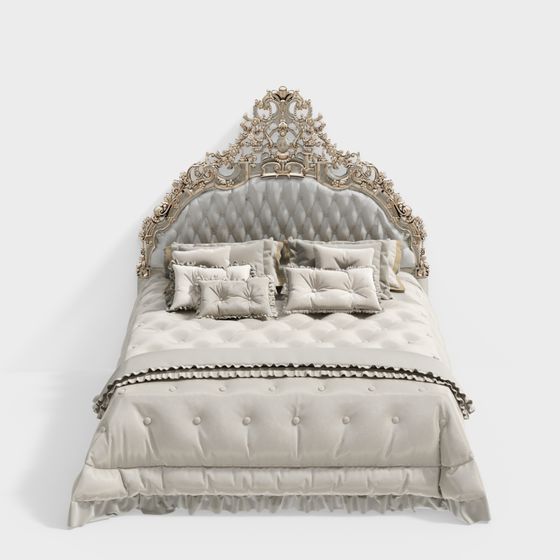 French Double Bed 3D Model in Beige Color
