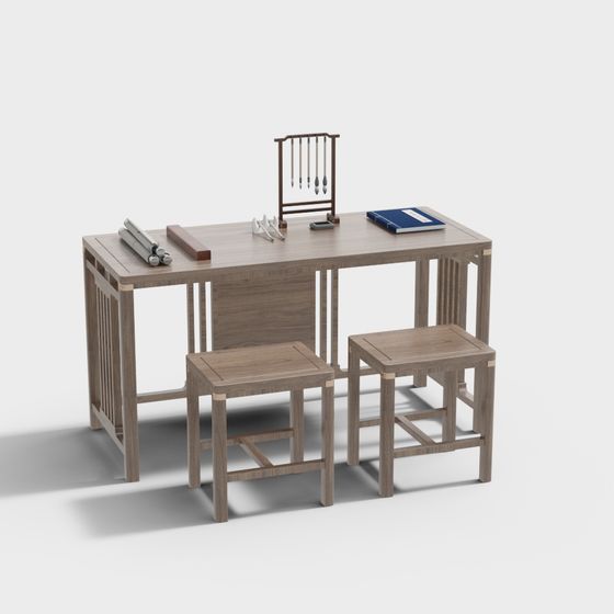 Desks and Chairs 3D Model for Calligraphy Class in Brown