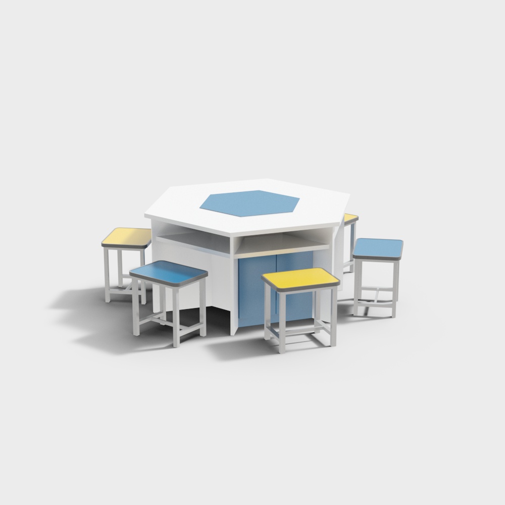 Unique Hexagonal Dining Table and Chairs 3D model