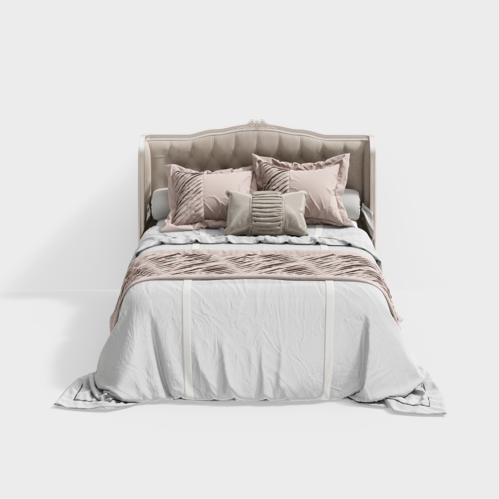 Elegant Low-Polygon Bed 3D Model – Leather Headboard