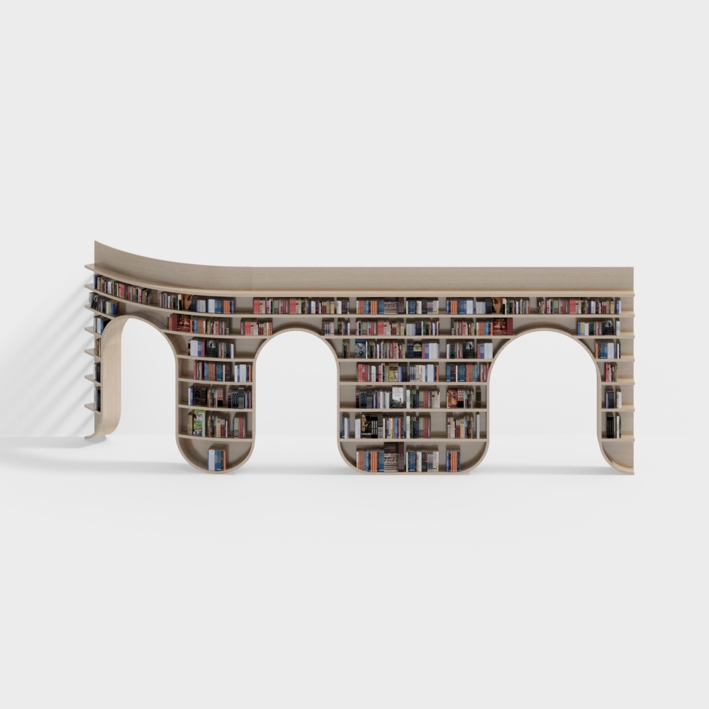 Arched Bookshelf 3D Model – Light Wood, Modern Style