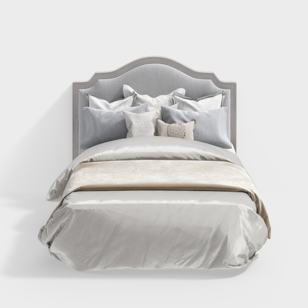 Elegant Low Polygon Bed 3D Model – French-Style Upholstery