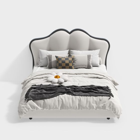 French Double Bed 3D Model in White