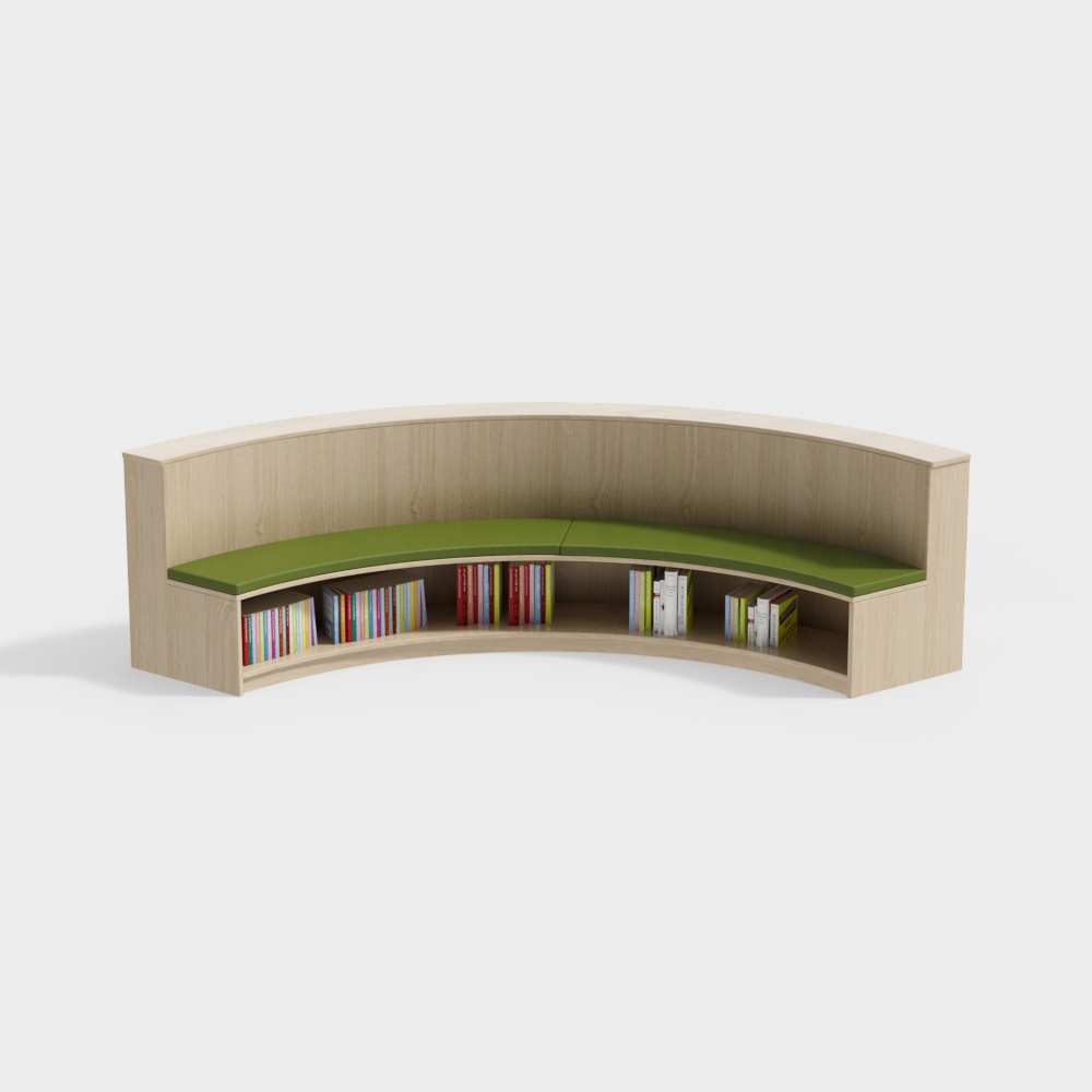 Semi-Circular Bookshelf Seat 3D Model – Wood & Cushion