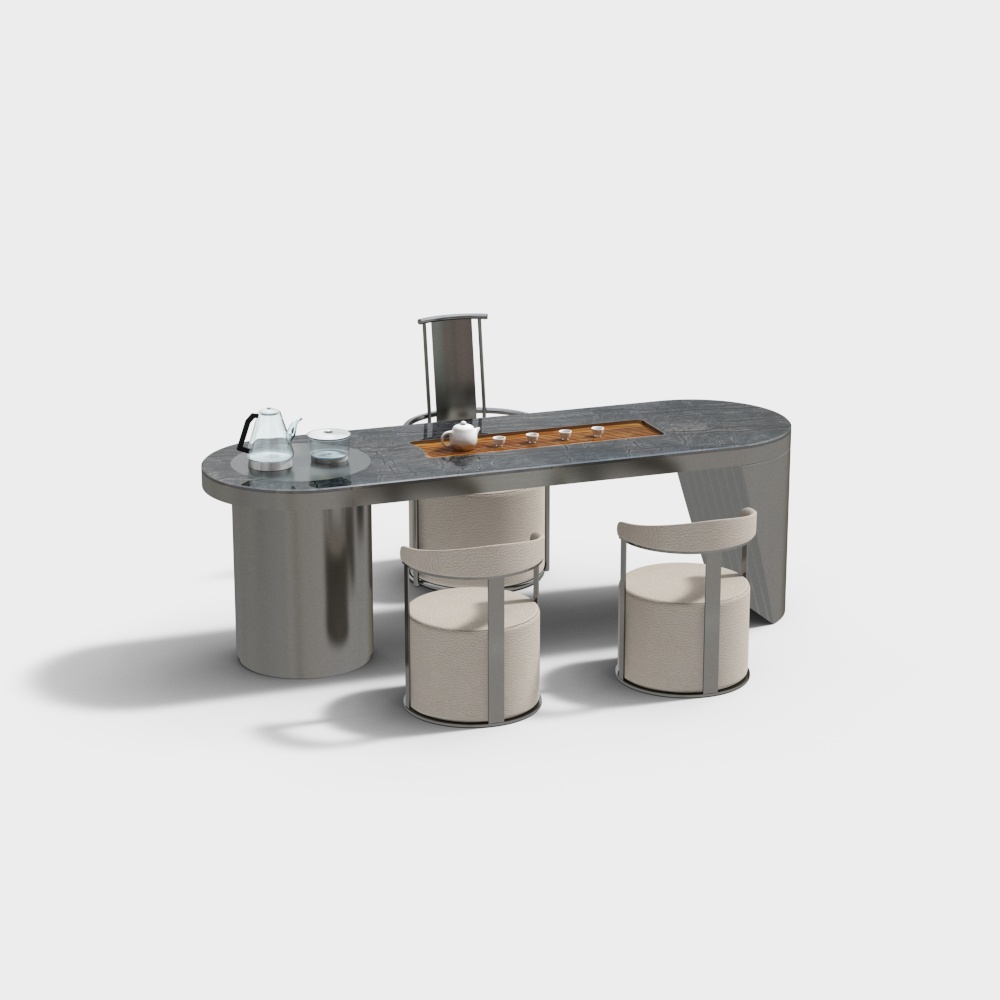 Modern oval tea table with grey stone top and metal legs on white background