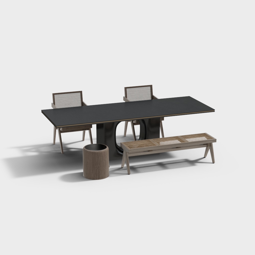 Modern black rectangular dining table with wooden chairs and bench on white background