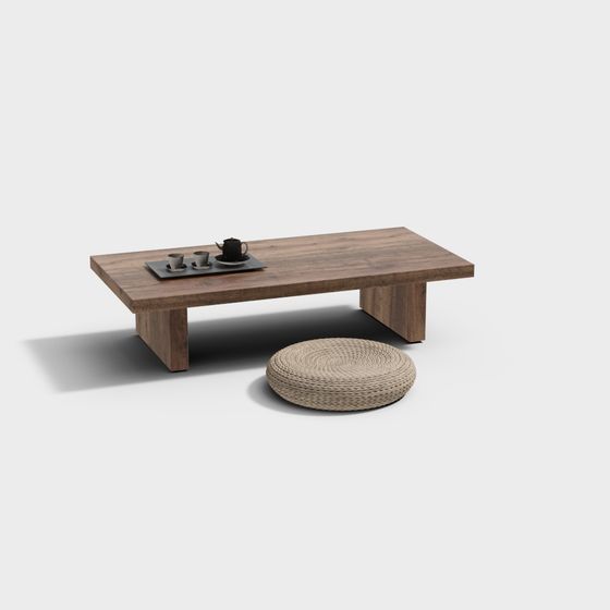 Wooden Coffee Table and Cushion Combo 3D model