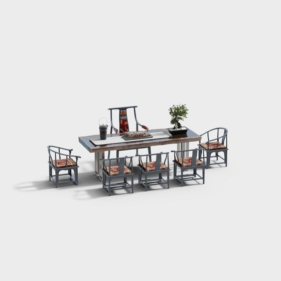Elegant Chinese Tea Table and Chairs 3D model