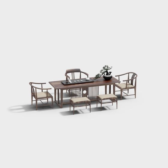 Elegant Chinese Tea Table and Chairs 3D model