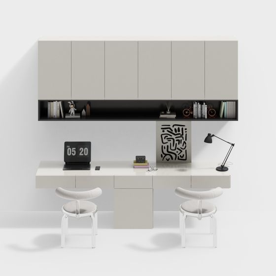 Modern Simple Double Desk 3D Model in Beige Finish