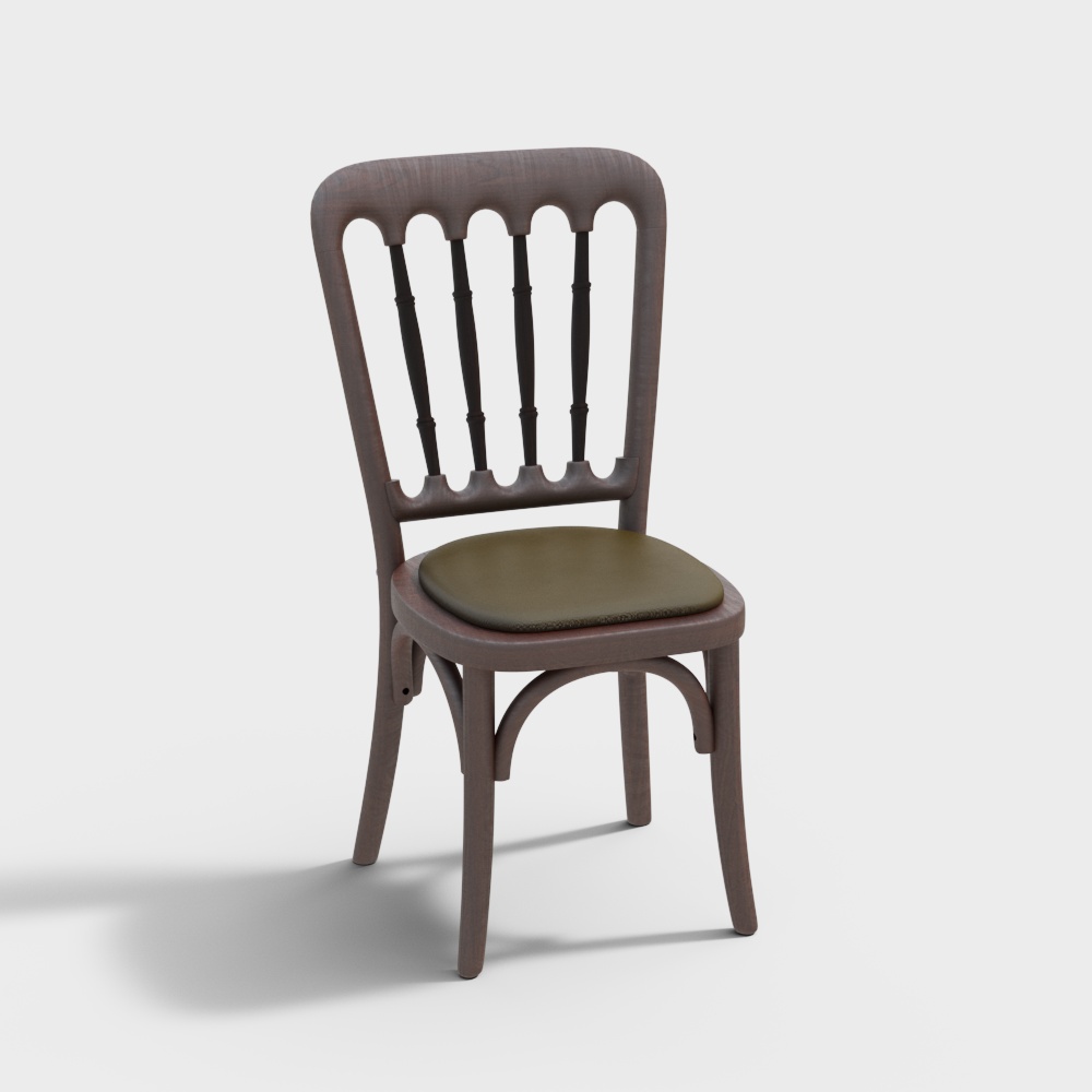 Classic Wooden Chair 3D Model – Vintage Wood & Green Cushion