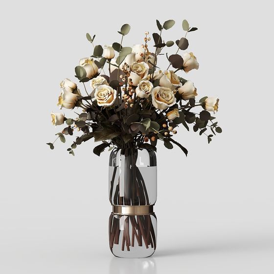 Low Poly High-Detail Glass Vase with Roses 3D model