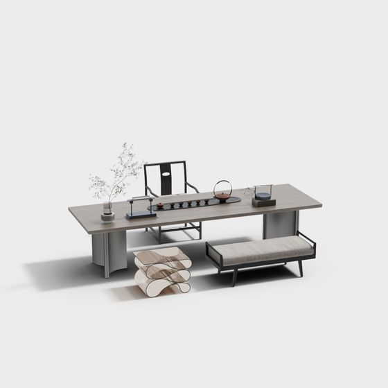 Modern light grey wooden tea table set with black chair and bench on white background