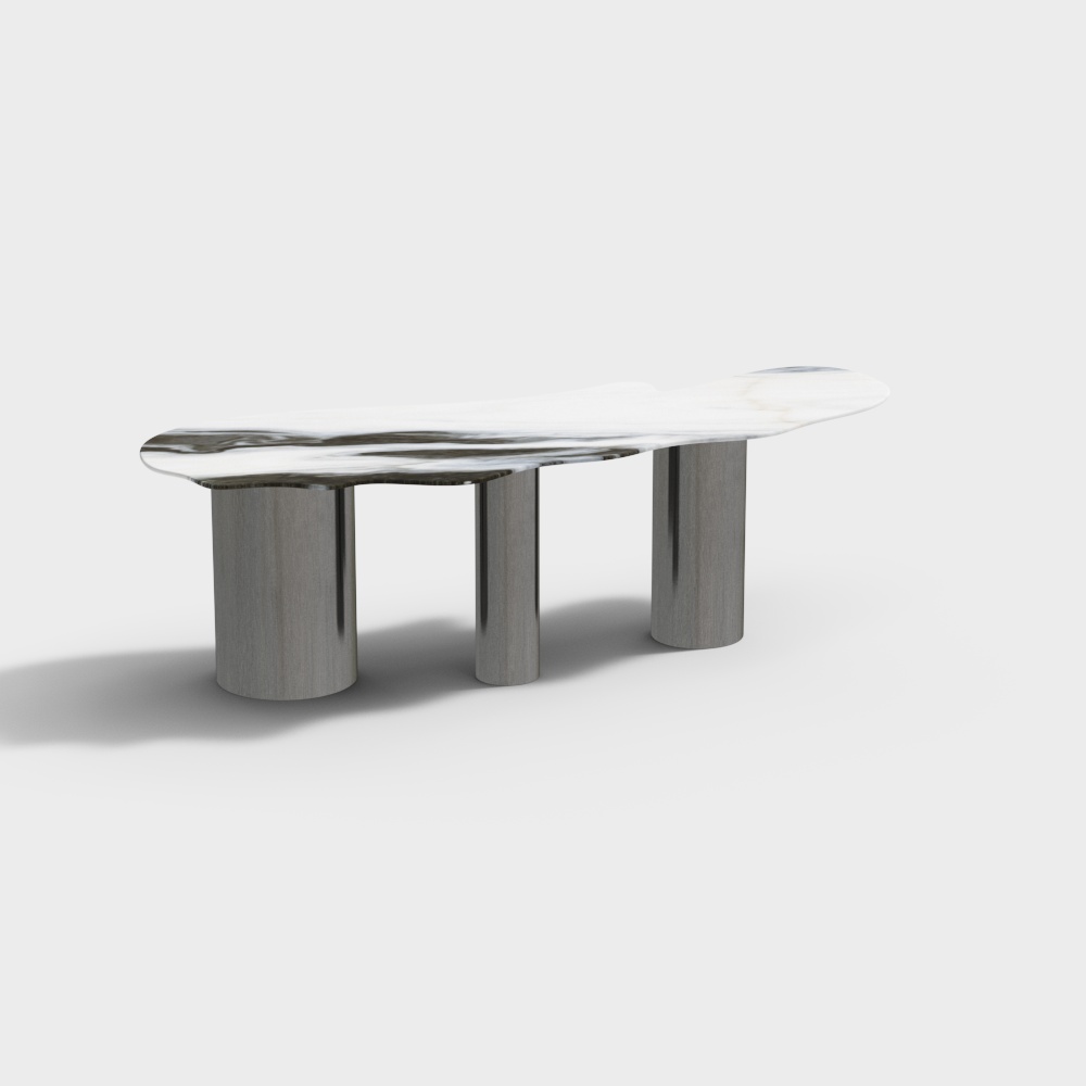 Modern long coffee table with white marble top and grey metal legs on light grey background