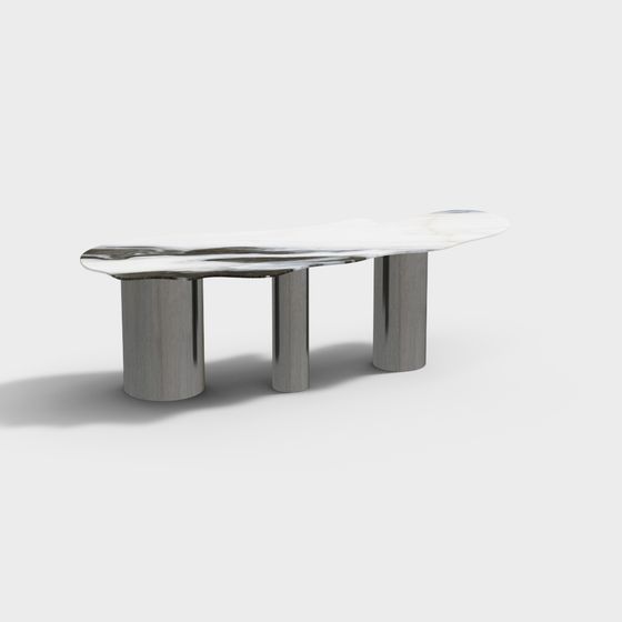 Modern long coffee table with white marble top and grey metal legs on light grey background