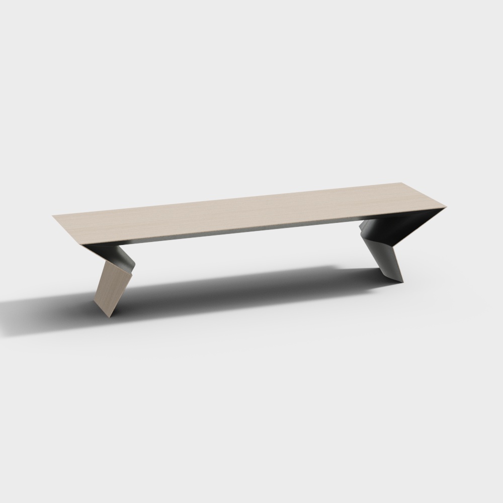 Modern long coffee table with light wood top and black metal legs on white background