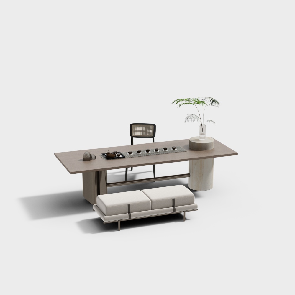 Modern light wood tea table with stone base and white cushioned bench on grey background
