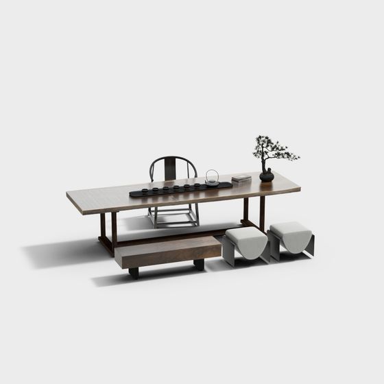 Zen Tea Table Set 3D model - Modern Minimalist Meets Traditional Aesthetics