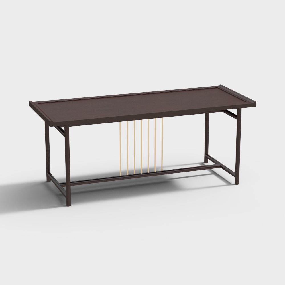 Modern dark brown console table with gold vertical bars on light grey background