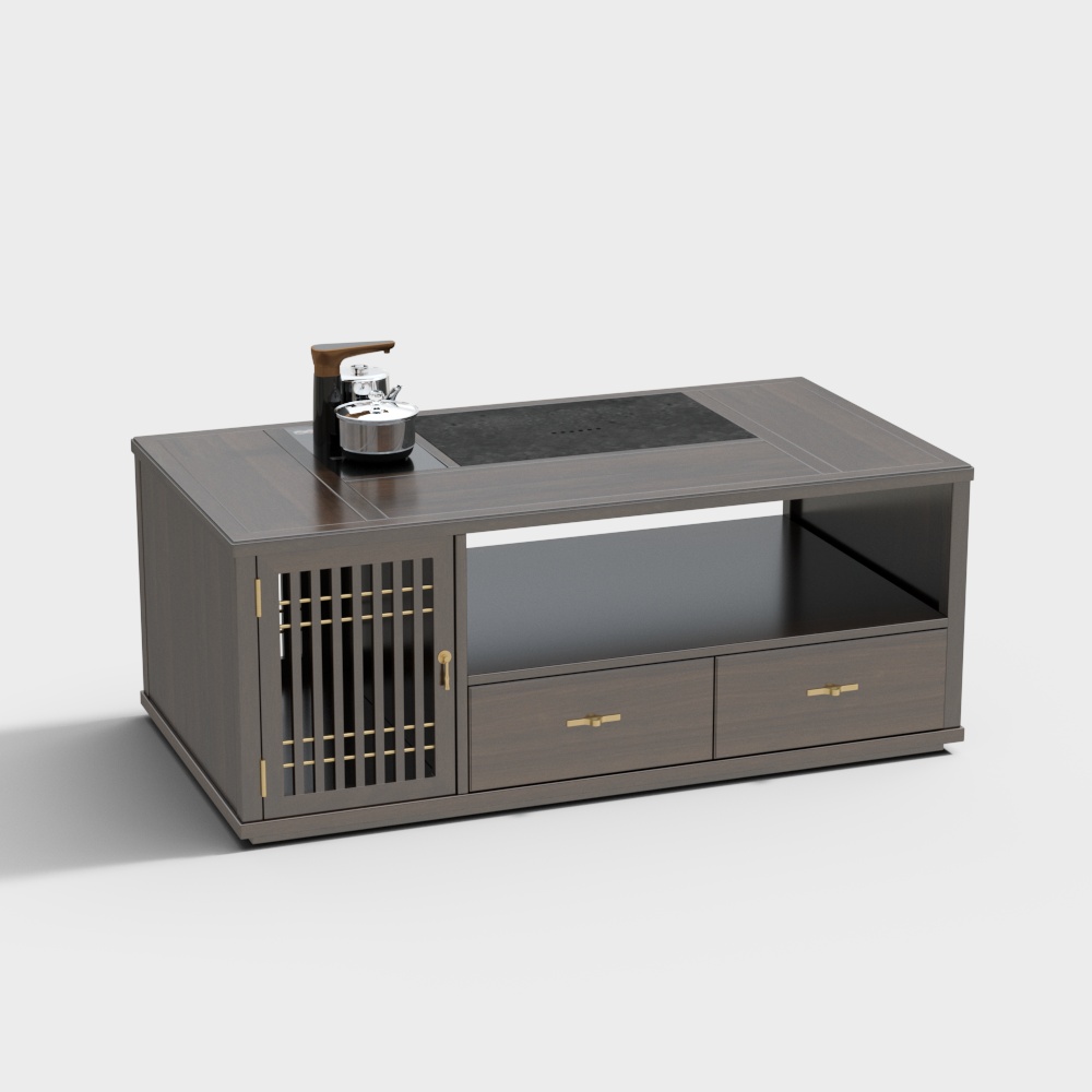 Dark wood tea table with metal grate door and two drawers on white background