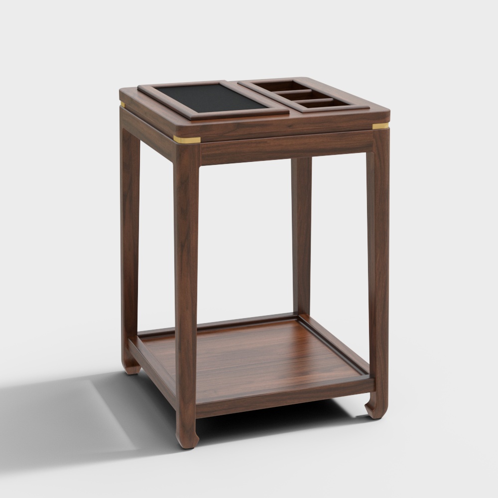 Modern dark wood side table with gold accents and black top insert on white background