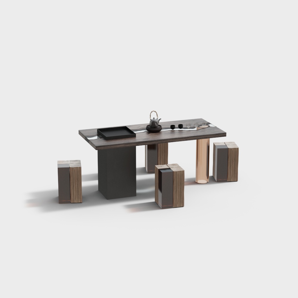 Modern dark wood tea table with copper leg and four block stools on white background