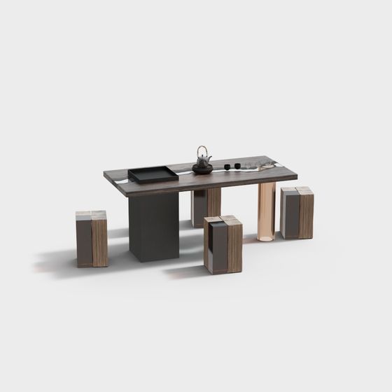 Modern dark wood tea table with copper leg and four block stools on white background