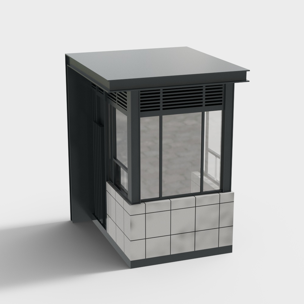 Gray and blue grille door security booth