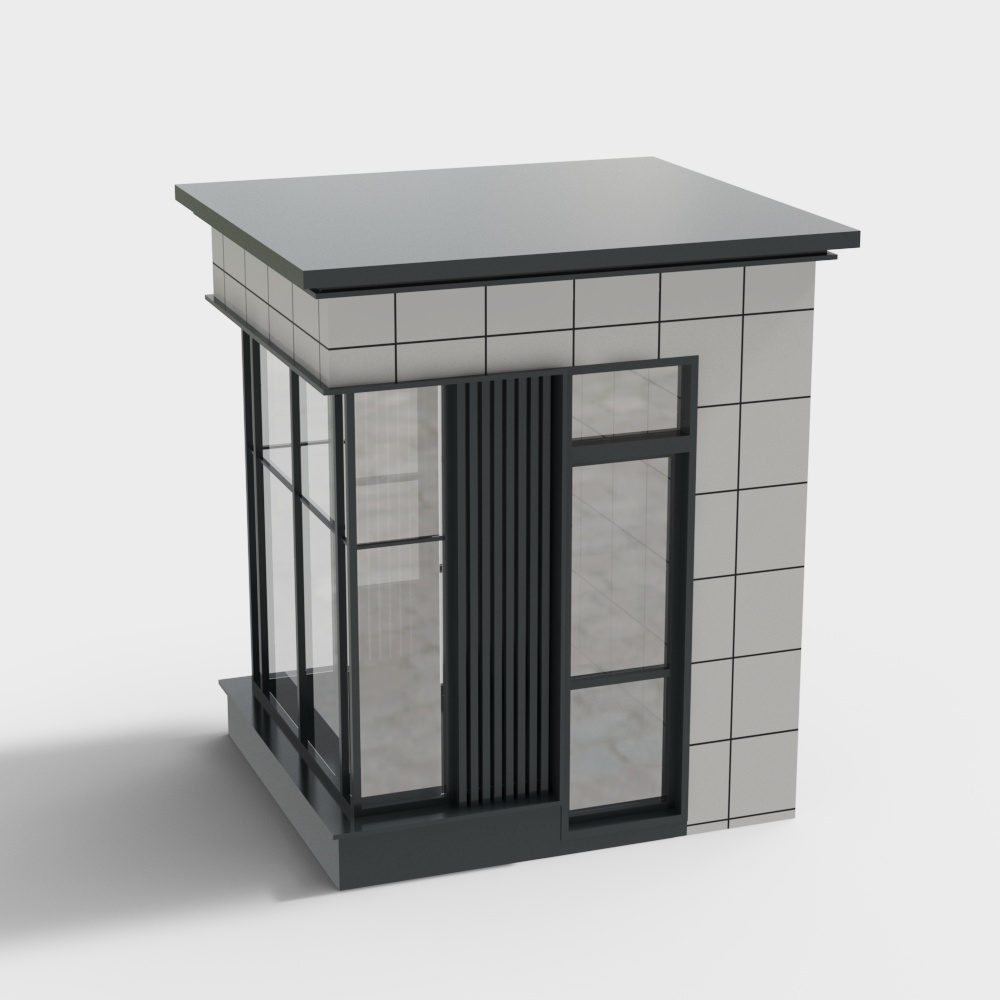 Gray and blue grille security booth