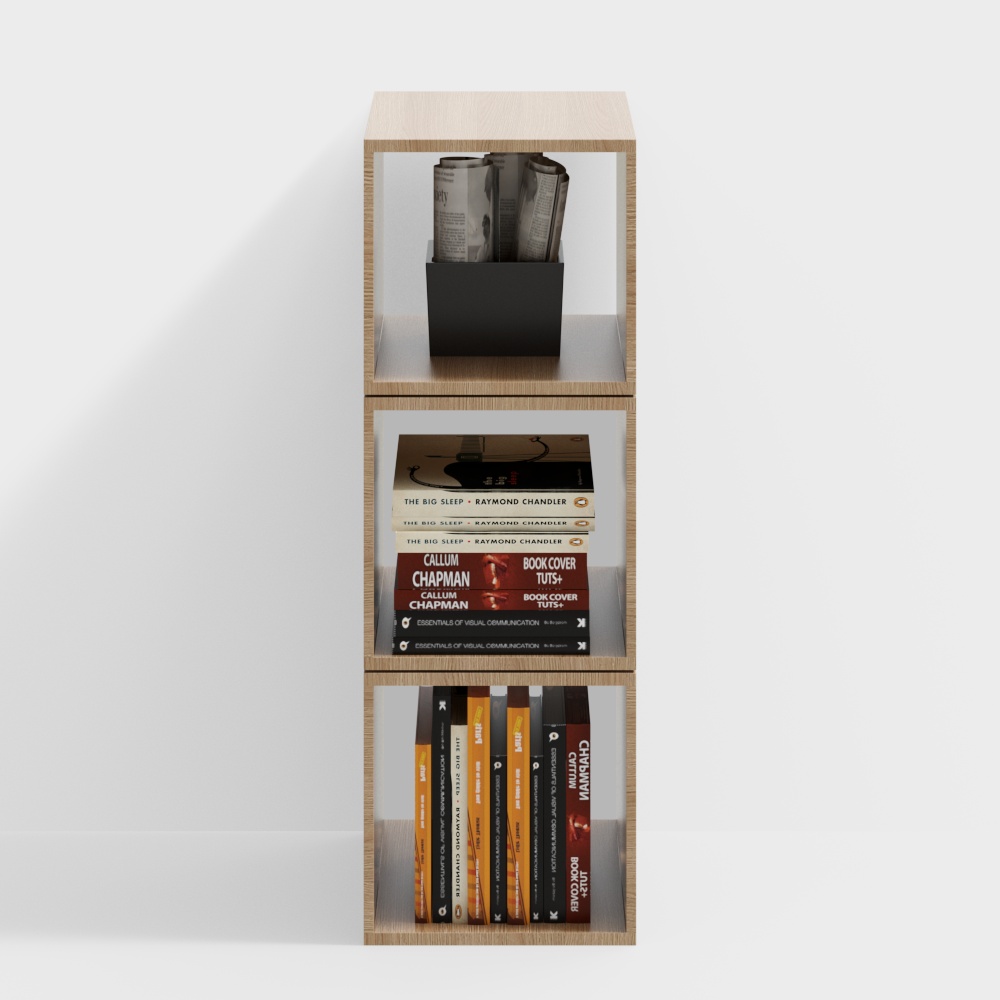 ชั้นวางหนังสือสามชั้นในห้องสมุด