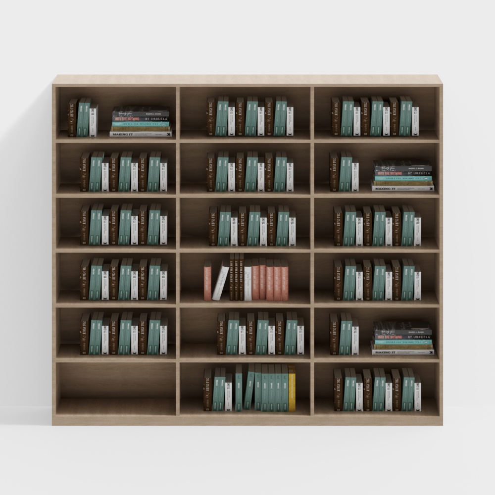 Three rows of bookshelves