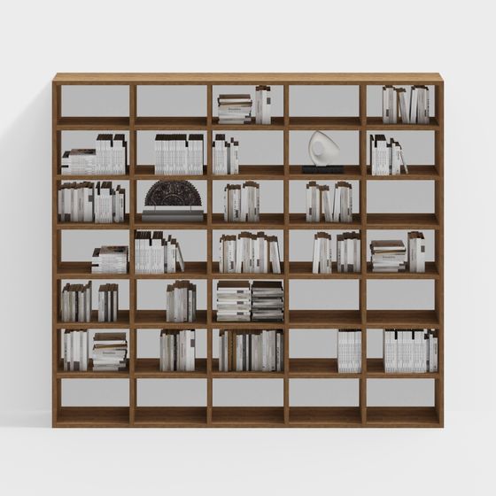 ชั้นวางหนังสือไม้แบบโปร่งในห้องสมุด