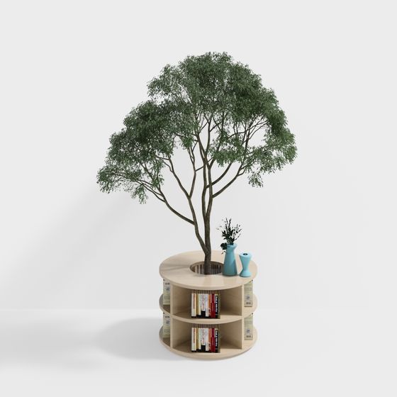 Library Square Bookshelf with Plants 3D Model in Green