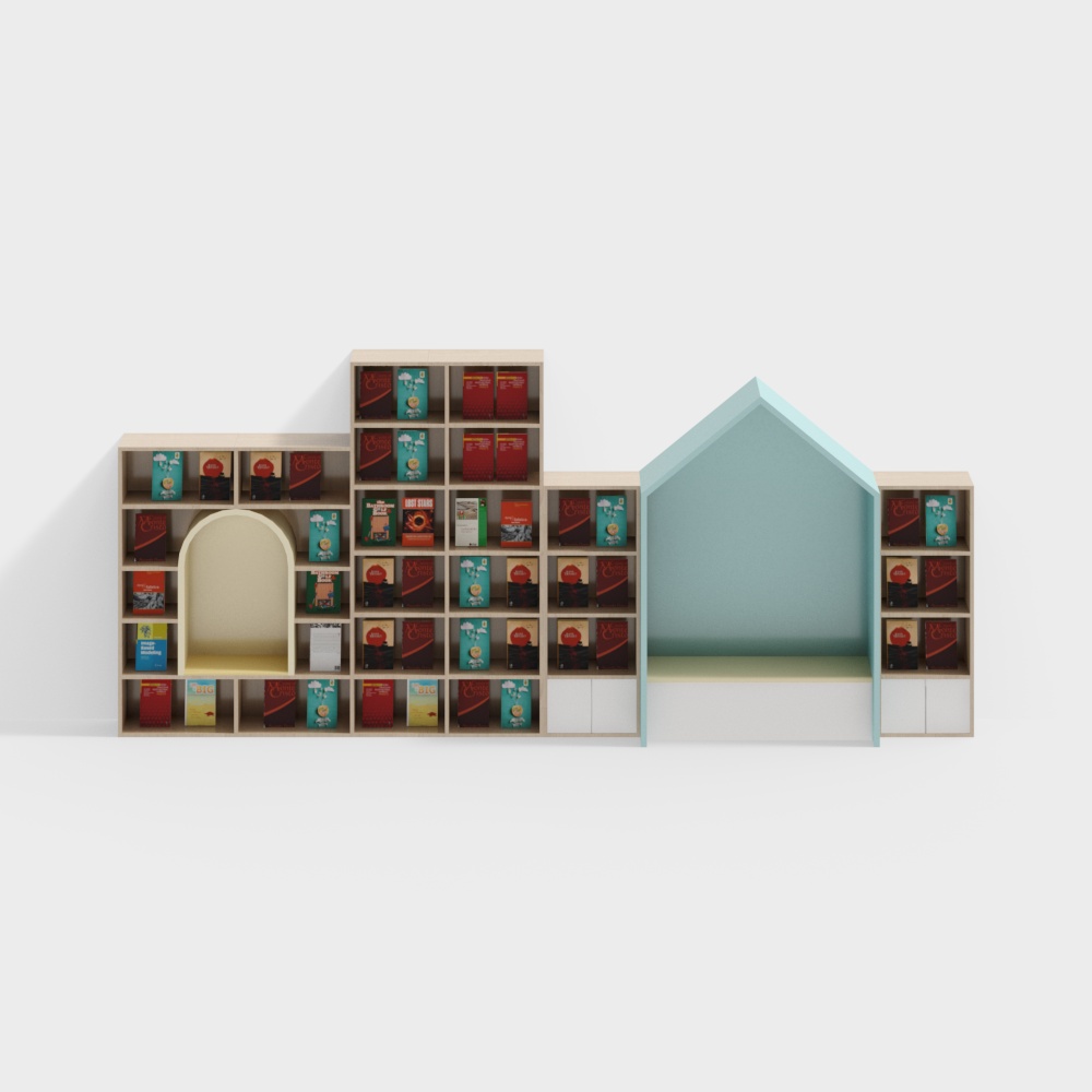 Kindergarten reading area cartoon bookshelf