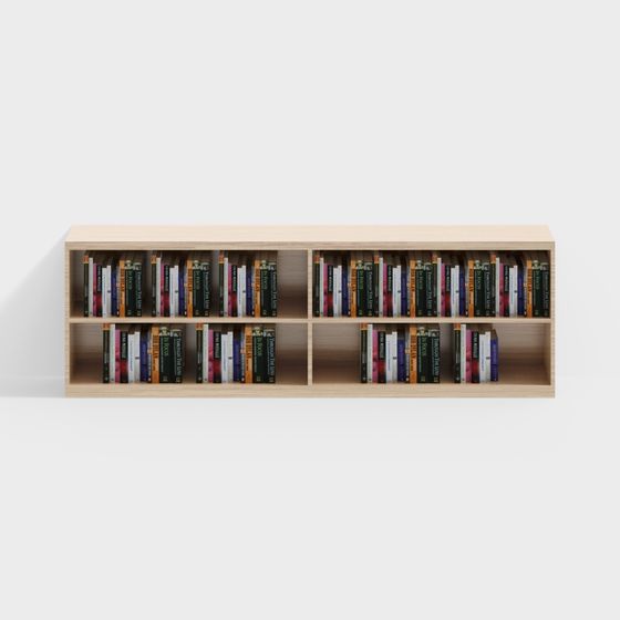 Double Layer Low Bookshelf 3D Model for Bookstore in Wood Finish