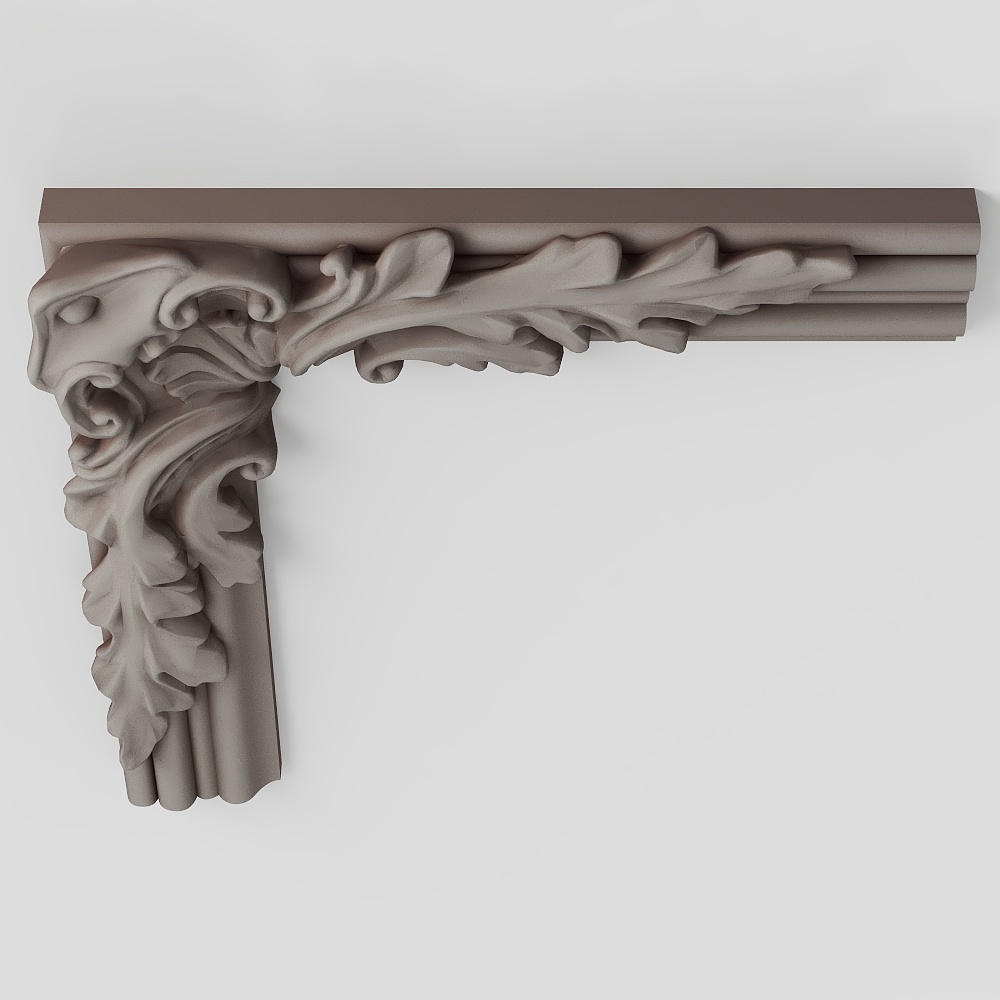 Classic grey plaster wall corner trim with carved leaf details on white background