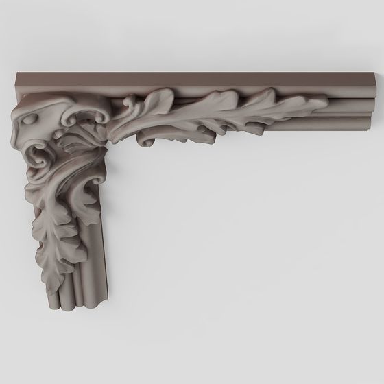 Classic grey plaster wall corner trim with carved leaf details on white background