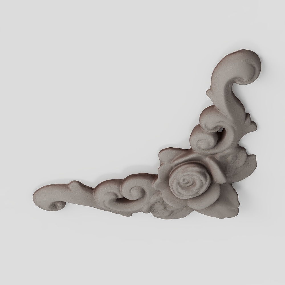 Ornate white plaster wall corner decor with rose flower and scroll details on grey background