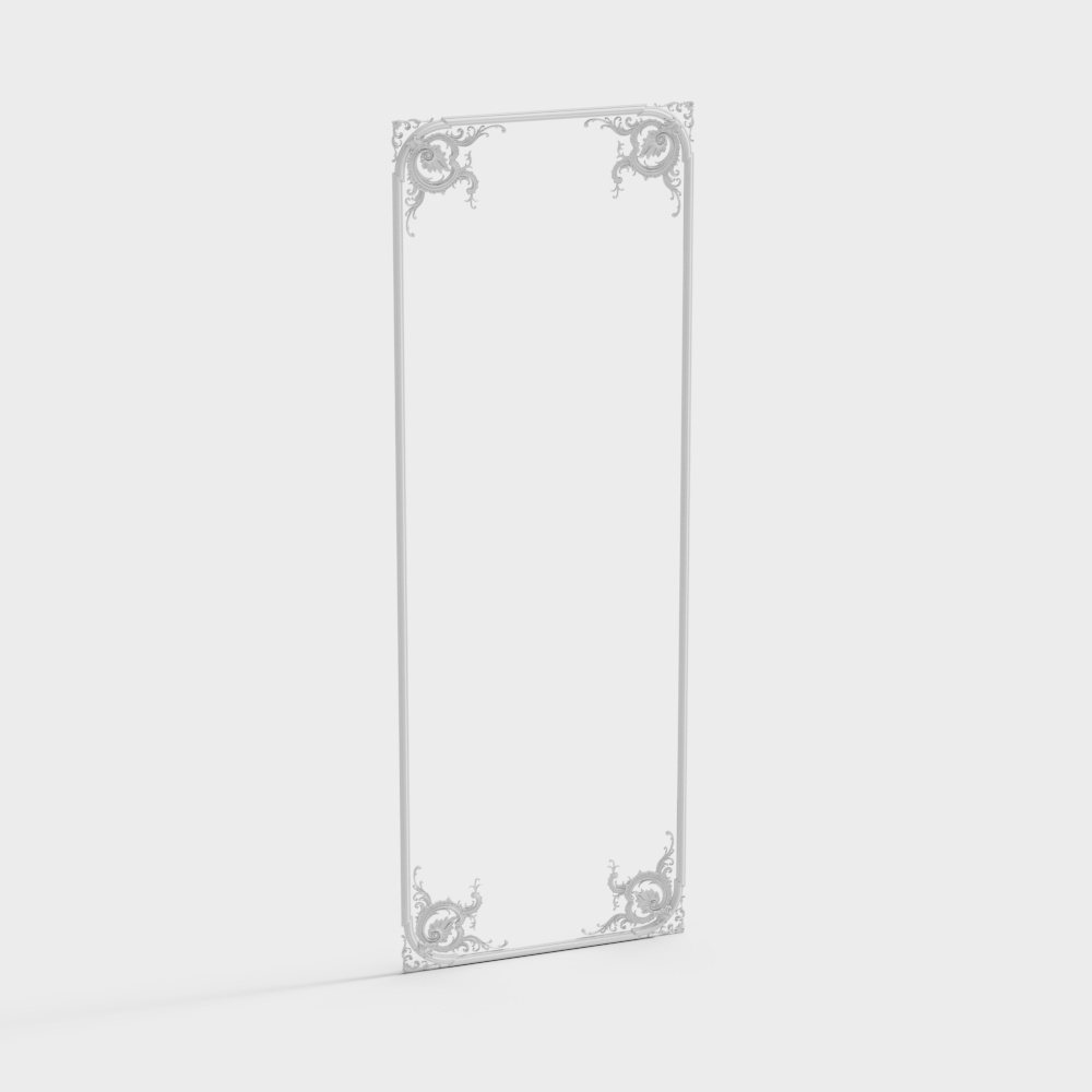 Classic tall rectangular mirror with white frame and decorative corners on grey background