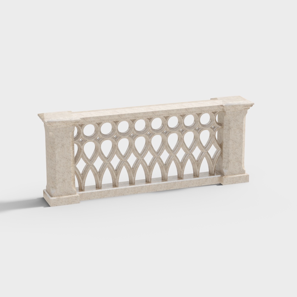 Classic beige stone balcony railing with decorative geometric patterns on white background