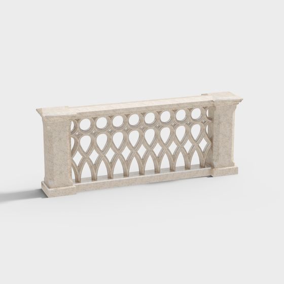 Classic beige stone balcony railing with decorative geometric patterns on white background