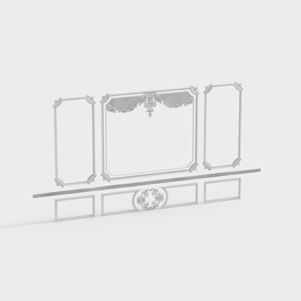 White classic wall panel set with decorative frames and carved details on grey background