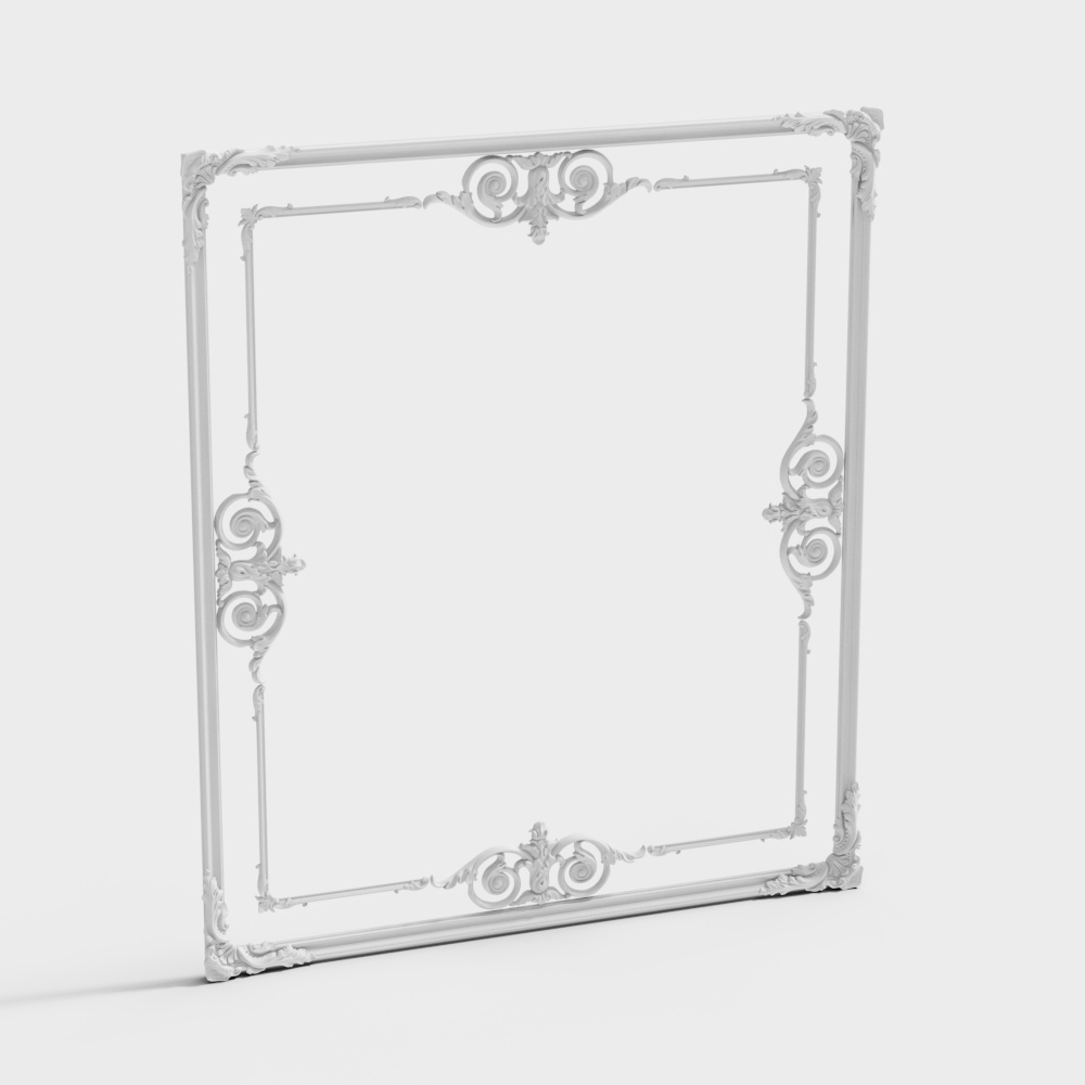 Classic white picture frame with ornate corners and floral details on white background
