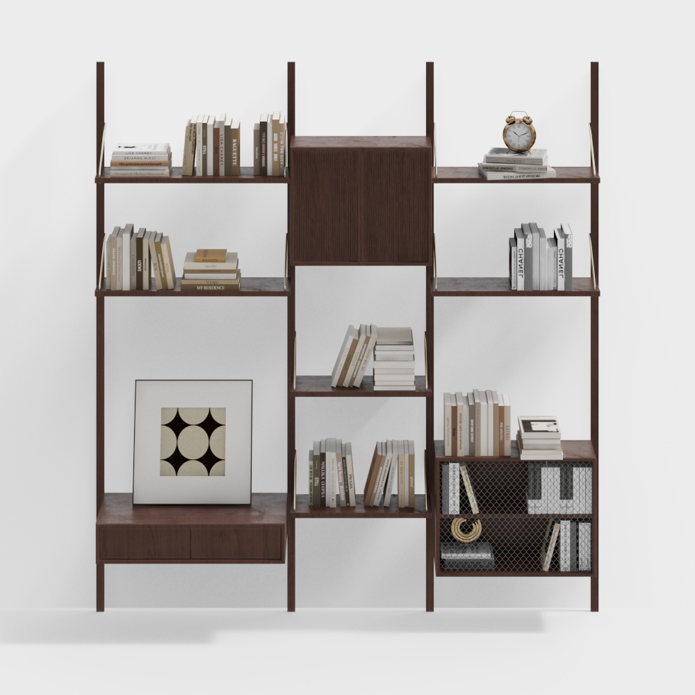 Elegant Minimalist Bookshelf 3D Model – Brown Wood Design