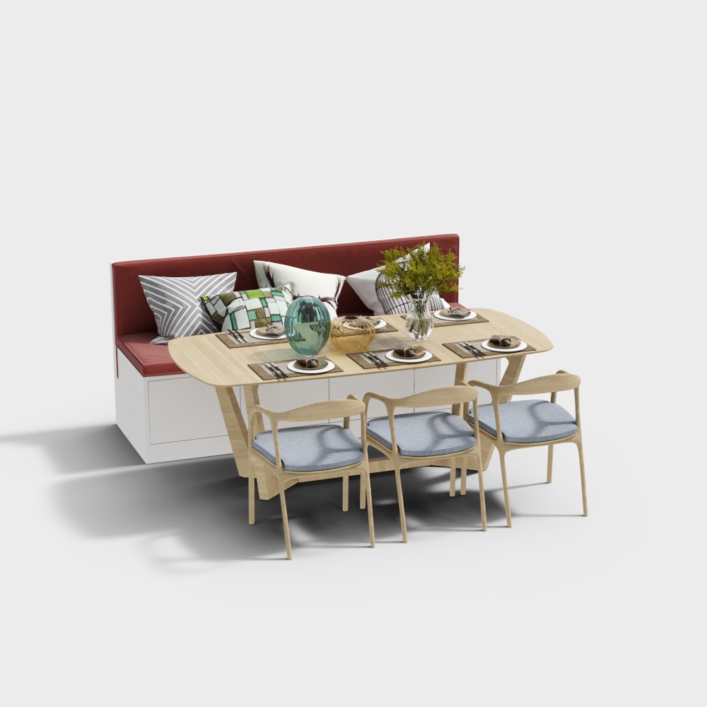 Charming Family Dining Corner 3D Model – Wood & Red Bench