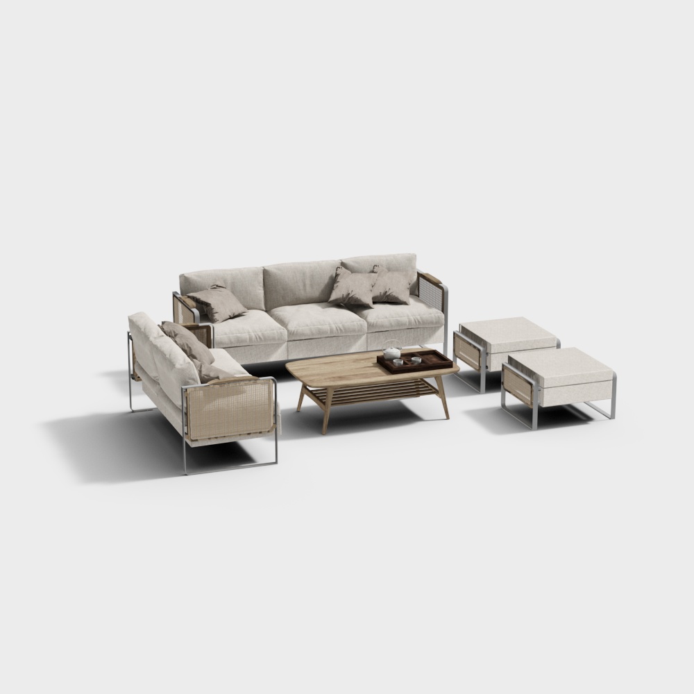 Elegant Low-Poly Sofa Set 3D Model – Beige Upholstery