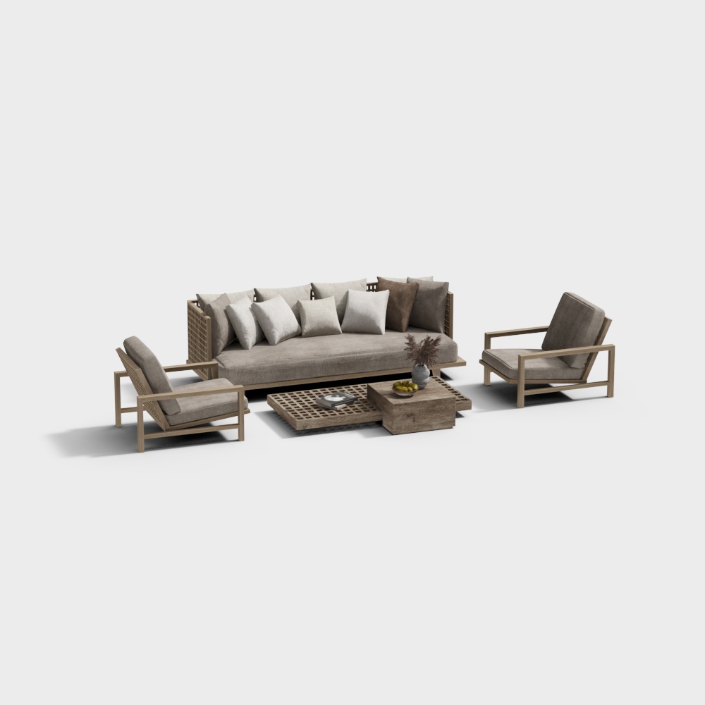 Cozy Retreat Outdoor Furniture 3D Model – Minimalist Wood Set