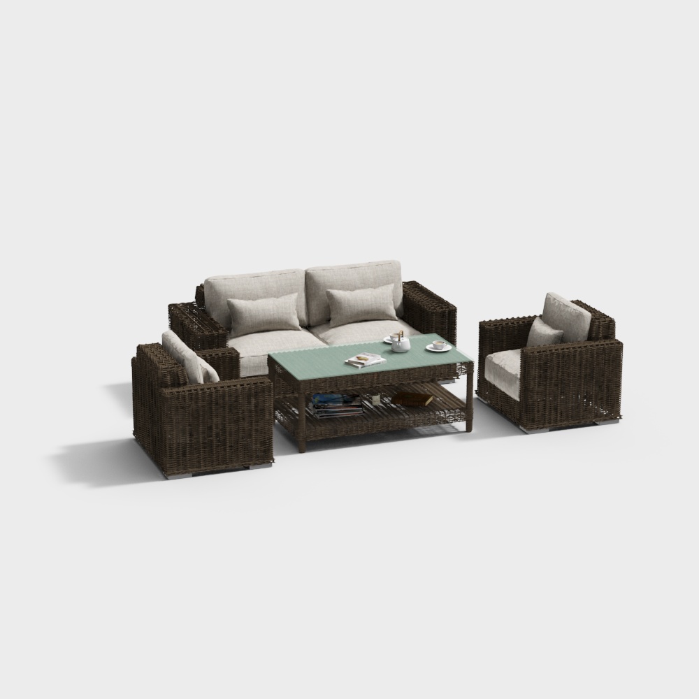 Wicker Lounge Set Outdoor Sofa 3D Model – Rustic Design