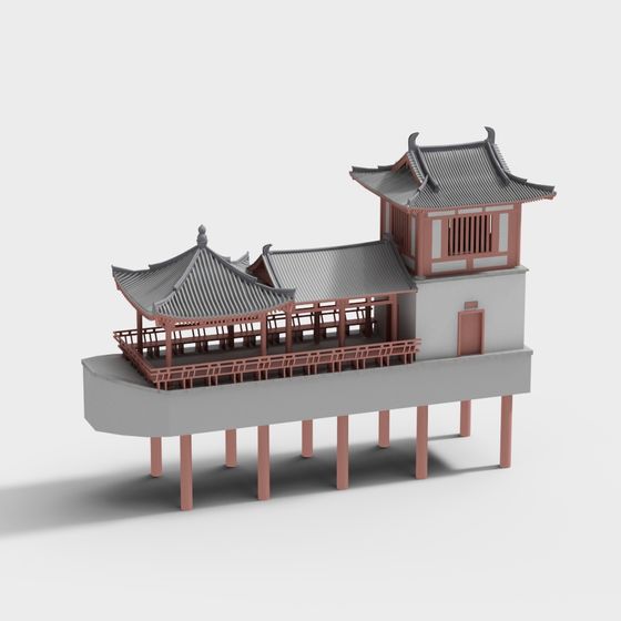 Water Pavilion 3D Model - Traditional Oriental Design