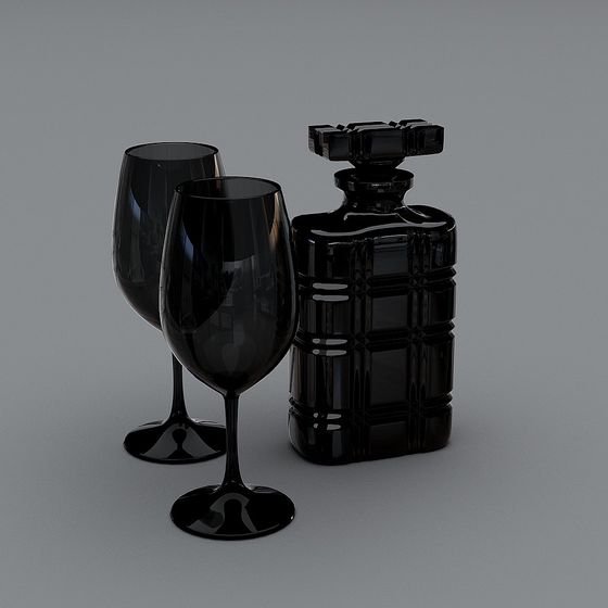 Elegant Black Bottle and Glass Set 3D model